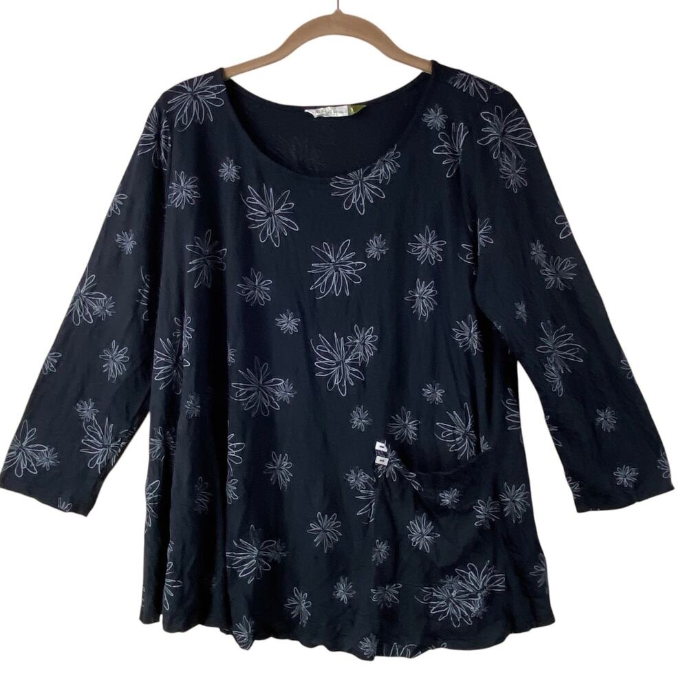 Chalet et Ceci Polka Tunic Blouse Top Black Floral Crinkle Art To Wear Boho